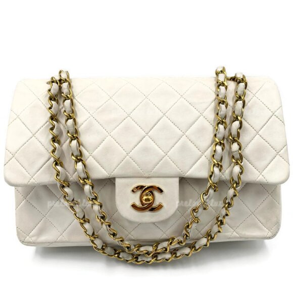 Authentic CHANEL Medium Classic Double Flap Bag White with Gold Hardware - Picture 1 of 12